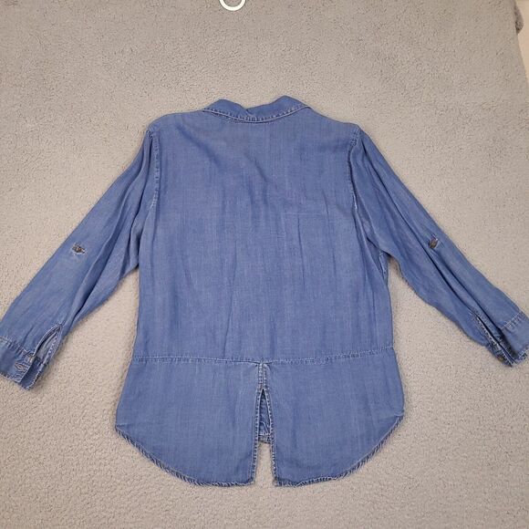 Hester & Orchard‎ Womens Top Small Blue Button Up Shirt Roll Tab Flower Tencel - Picture 11 of 13